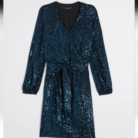 Long Sleeve Sequin Surplice Blouson Dress - Picture 4 of 4